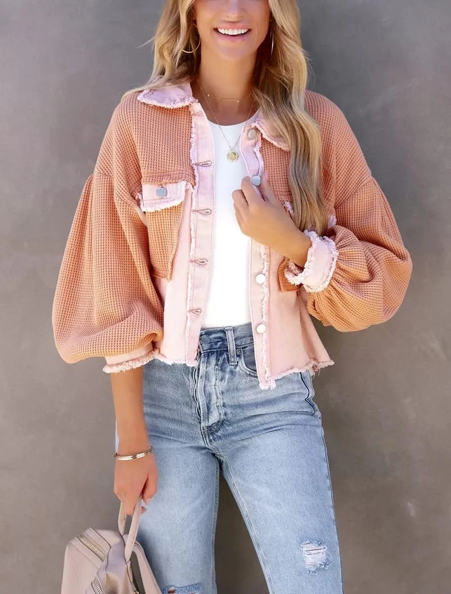 Women's Denim Spliced Waffle Knit Cropped Jacket Button Down Boyfriend Shirt Shacket Tops