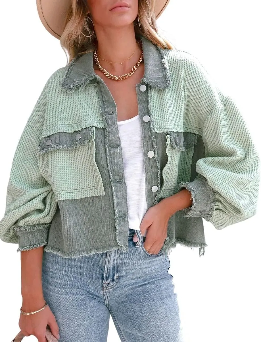Women's Denim Spliced Waffle Knit Cropped Jacket Button Down Boyfriend Shirt Shacket Tops