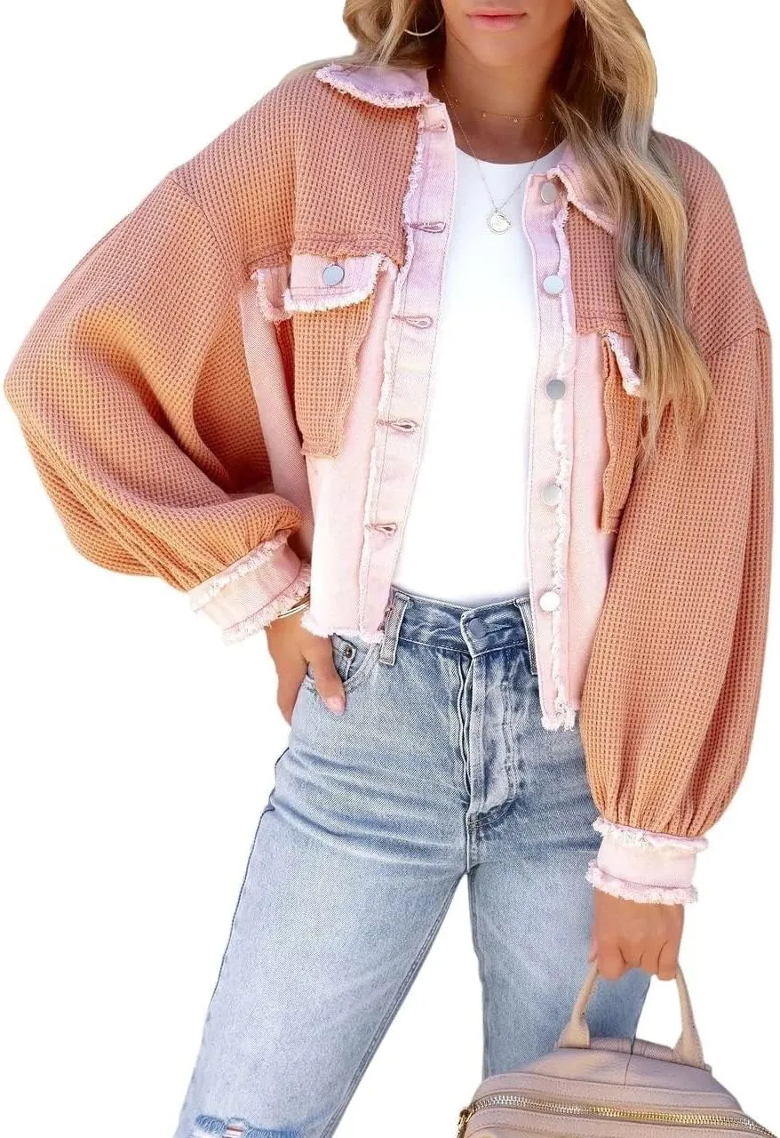 Women's Denim Spliced Waffle Knit Cropped Jacket Button Down Boyfriend Shirt Shacket Tops