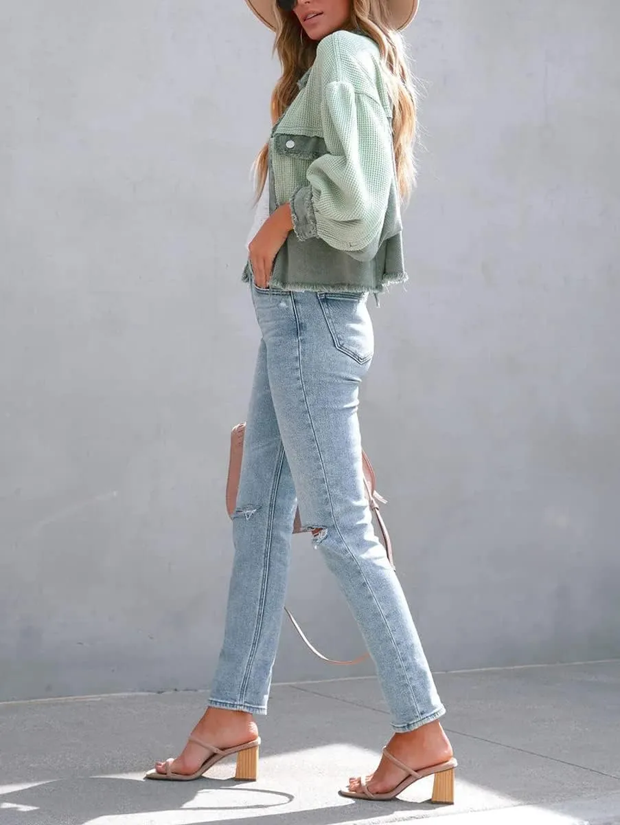 Women's Denim Spliced Waffle Knit Cropped Jacket Button Down Boyfriend Shirt Shacket Tops