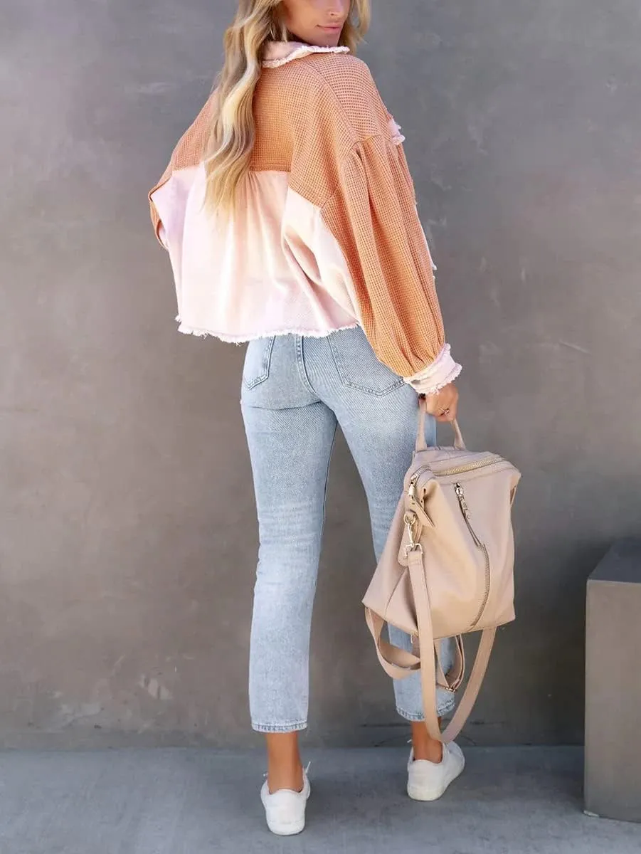 Women's Denim Spliced Waffle Knit Cropped Jacket Button Down Boyfriend Shirt Shacket Tops