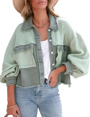 Women's Denim Spliced Waffle Knit Cropped Jacket Button Down Boyfriend Shirt Shacket Tops