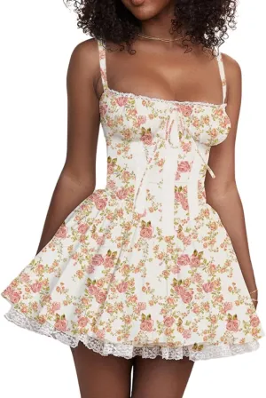 Women's Dress Lace Floral Sleeveless Camisole Corset Suit Style Sexy Mini Dress for Women