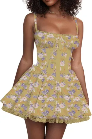 Women's Dress Lace Floral Sleeveless Camisole Corset Suit Style Sexy Mini Dress for Women
