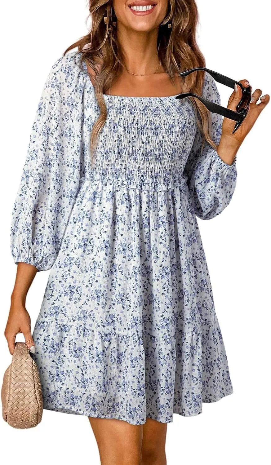 Womens Dresses 2024 Boho Floral Square Neck Smocked Summer Fall Casual 3/4 Sleeve A-Line Flowy Swing Mini Dress