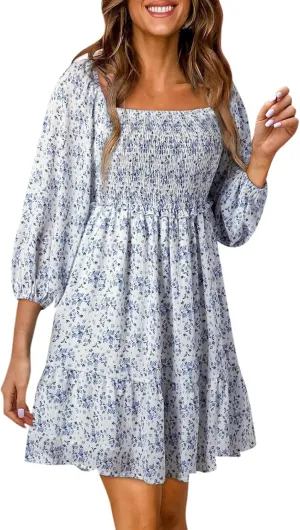 Womens Dresses 2024 Boho Floral Square Neck Smocked Summer Fall Casual 3/4 Sleeve A-Line Flowy Swing Mini Dress