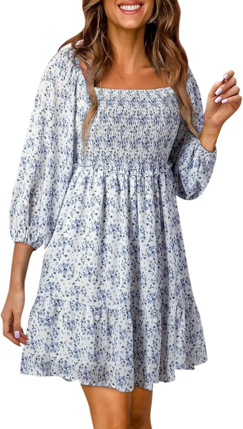 Womens Dresses 2024 Boho Floral Square Neck Smocked Summer Fall Casual 3/4 Sleeve A-Line Flowy Swing Mini Dress
