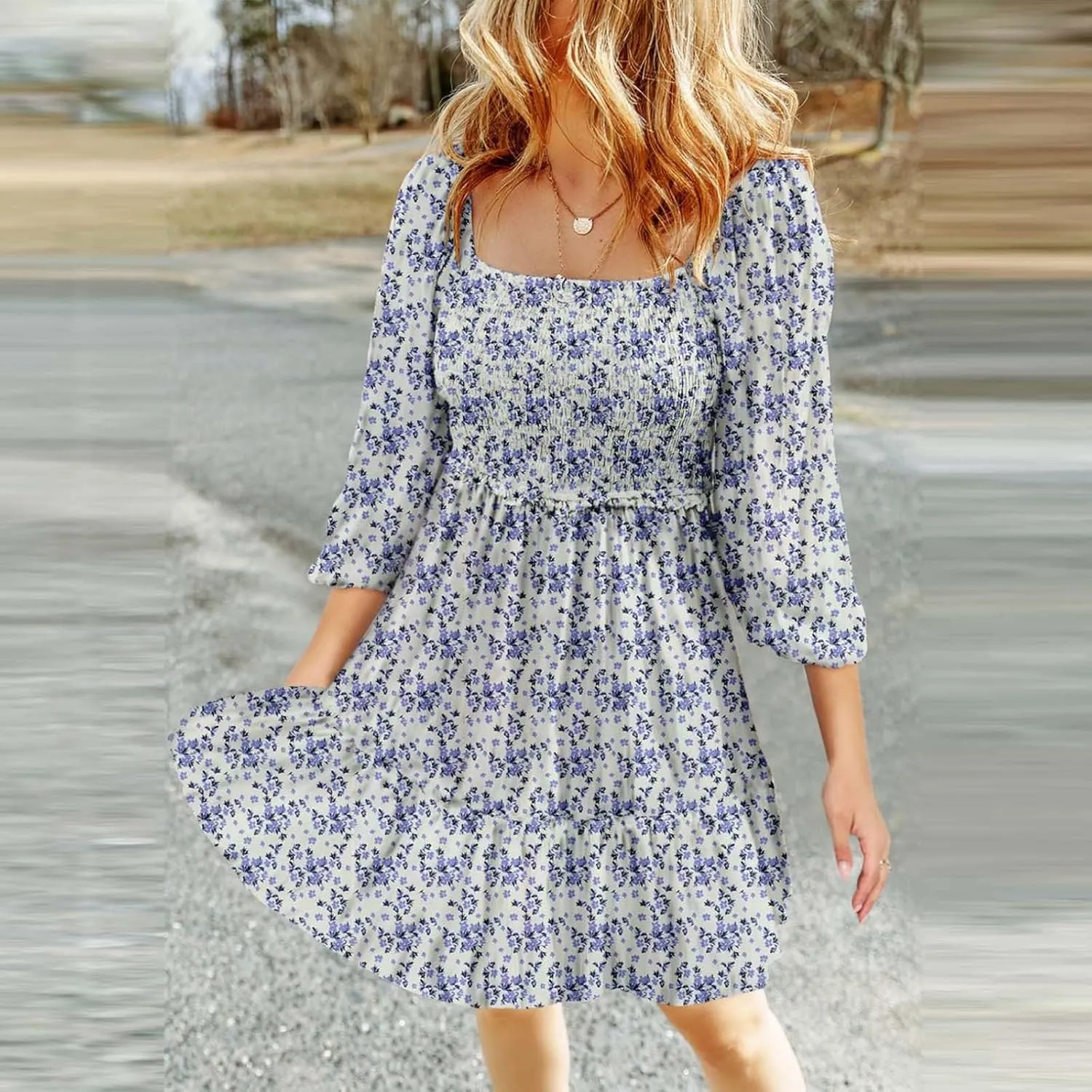 Womens Dresses 2024 Boho Floral Square Neck Smocked Summer Fall Casual 3/4 Sleeve A-Line Flowy Swing Mini Dress