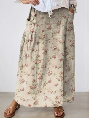 Womens Floral Maxi Skirt Plus Size Vintage Boho Beach Dress with Pockets Casual Loose Fit Elastic Flowy Skirts