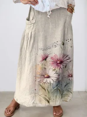 Womens Floral Maxi Skirt Plus Size Vintage Boho Beach Dress with Pockets Casual Loose Fit Elastic Flowy Skirts