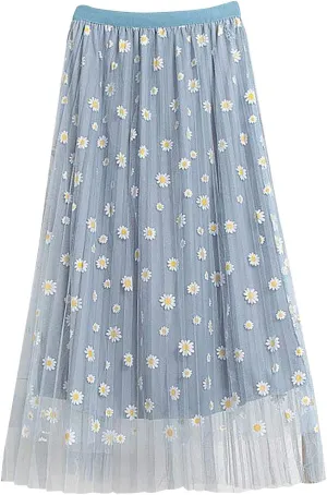 Women's Floral Midi Skirt Elastic Pleated Mesh A-Line Tulle Skirt Swing Women Skirt Wrap Midi Skirts Ankle Skirts