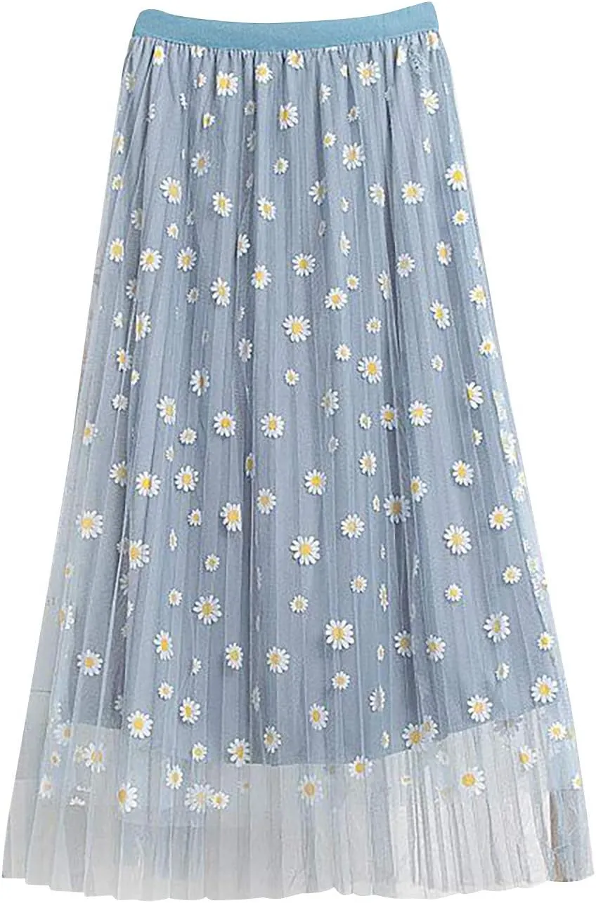 Women's Floral Midi Skirt Elastic Pleated Mesh A-Line Tulle Skirt Swing Women Skirt Wrap Midi Skirts Ankle Skirts