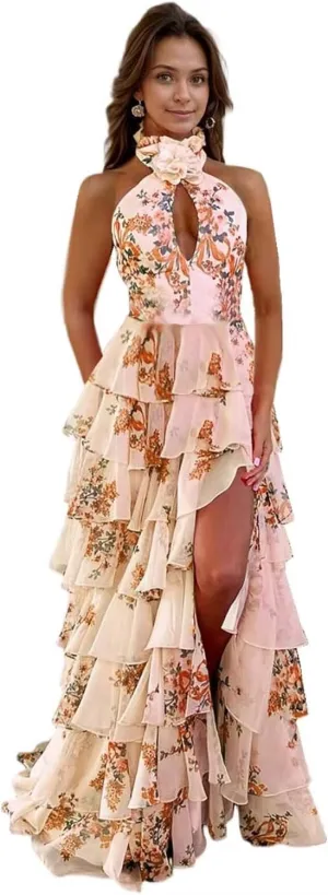 Women's Floral Prom Dresses Backless Chiffon Tiered Ruffles Formal Evening Party Dress with Slit