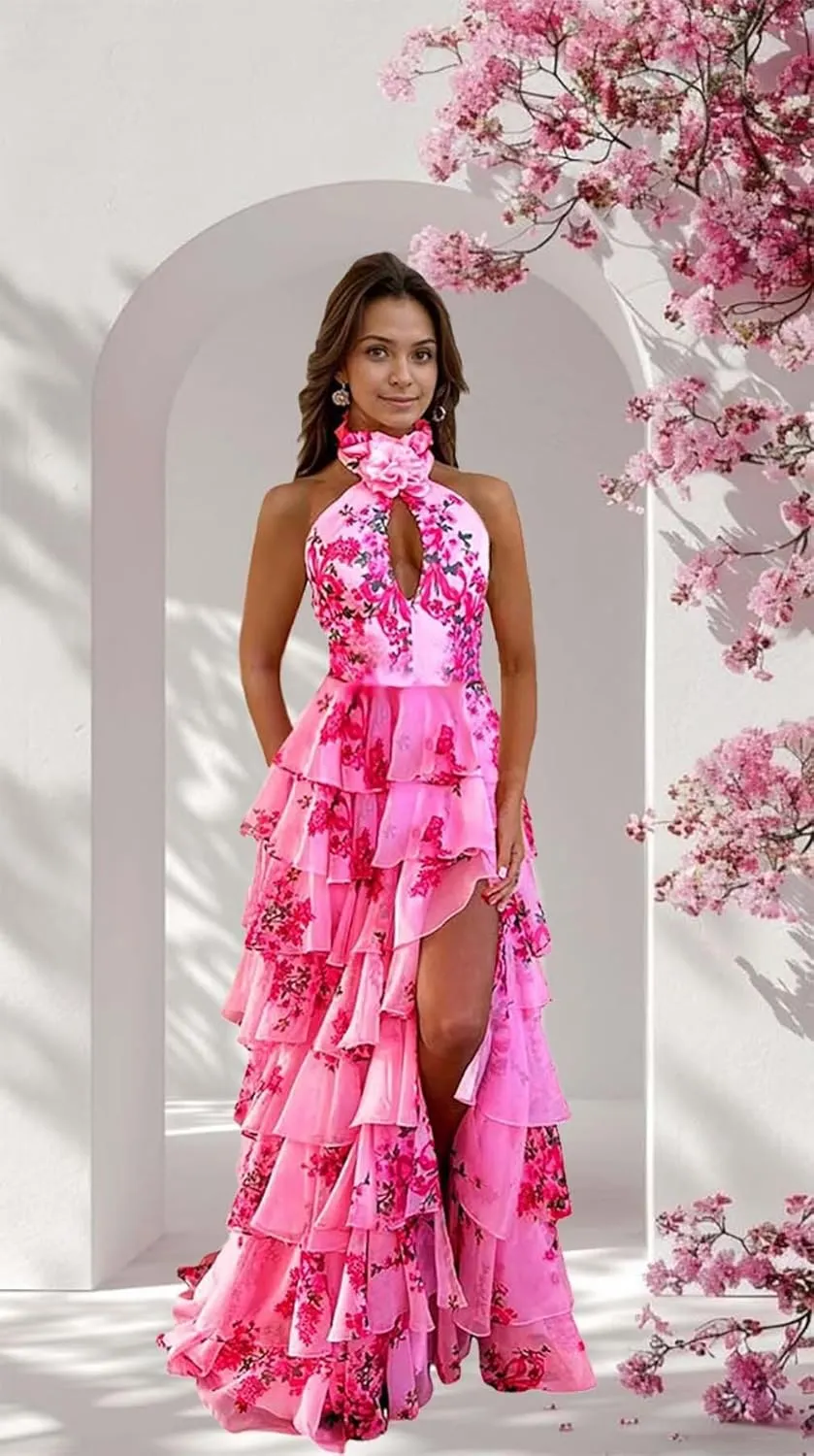Women's Floral Prom Dresses Backless Chiffon Tiered Ruffles Formal Evening Party Dress with Slit