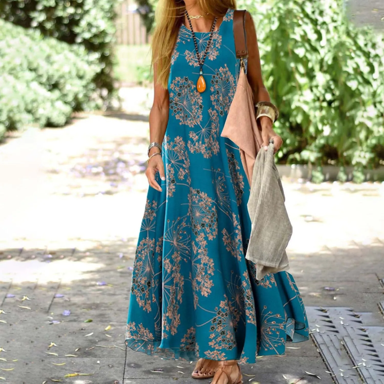 Womens Flowy Cotton Linen Boho Floral Sleeveless Maxi Dresses Casual Loose Summer Vacation Dress with Pockets