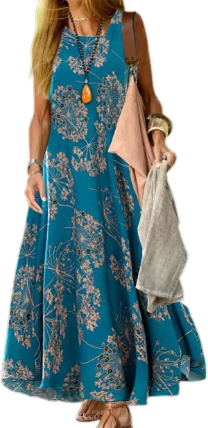 Womens Flowy Cotton Linen Boho Floral Sleeveless Maxi Dresses Casual Loose Summer Vacation Dress with Pockets