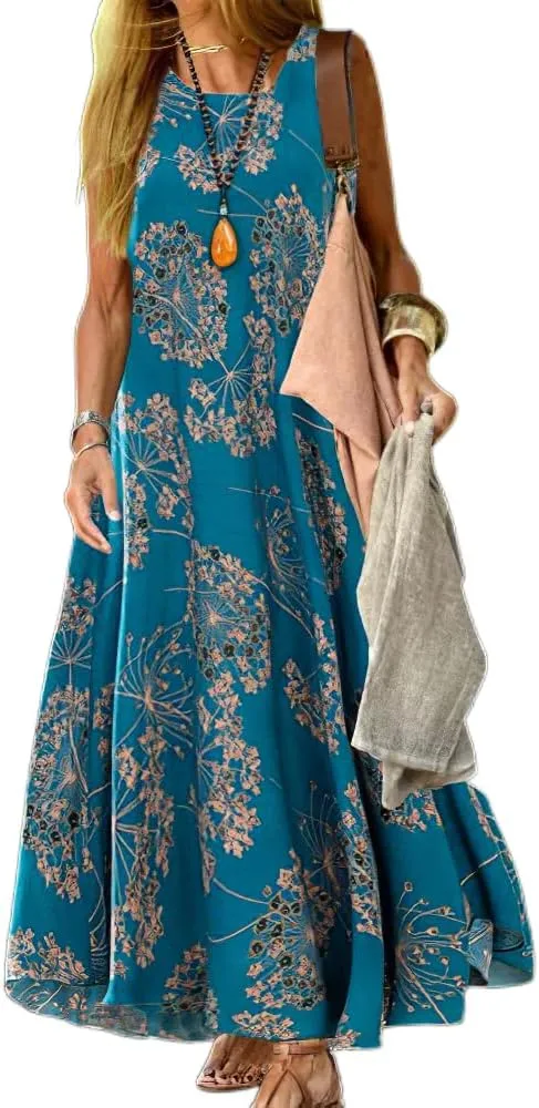 Womens Flowy Cotton Linen Boho Floral Sleeveless Maxi Dresses Casual Loose Summer Vacation Dress with Pockets