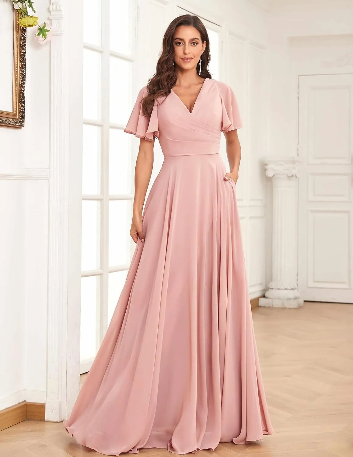 Women's Flutter Sleeves Bridesmaid Dresses V Neck A Line Chiffon Long Formal Dress with Slit