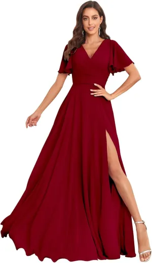 Women's Flutter Sleeves Bridesmaid Dresses V Neck A Line Chiffon Long Formal Dress with Slit