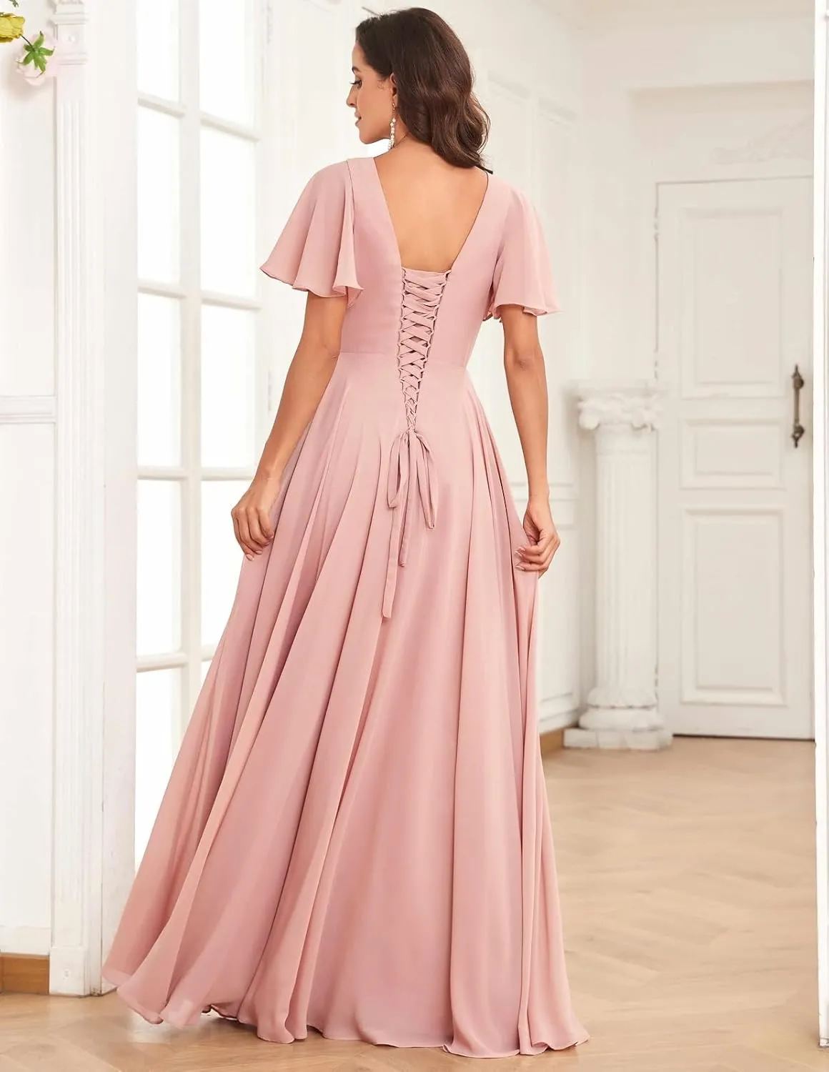 Women's Flutter Sleeves Bridesmaid Dresses V Neck A Line Chiffon Long Formal Dress with Slit