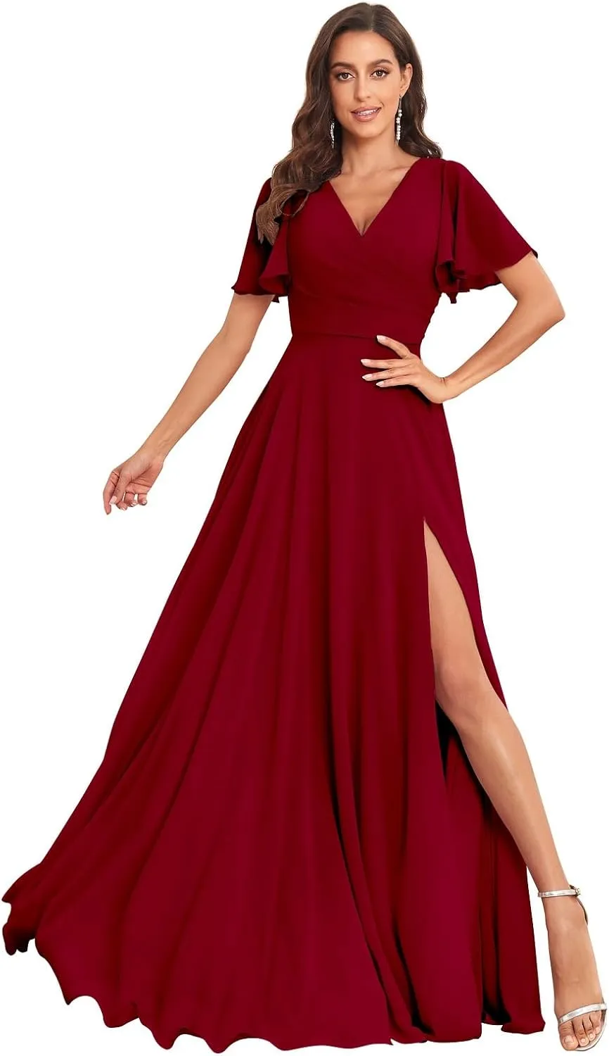 Women's Flutter Sleeves Bridesmaid Dresses V Neck A Line Chiffon Long Formal Dress with Slit