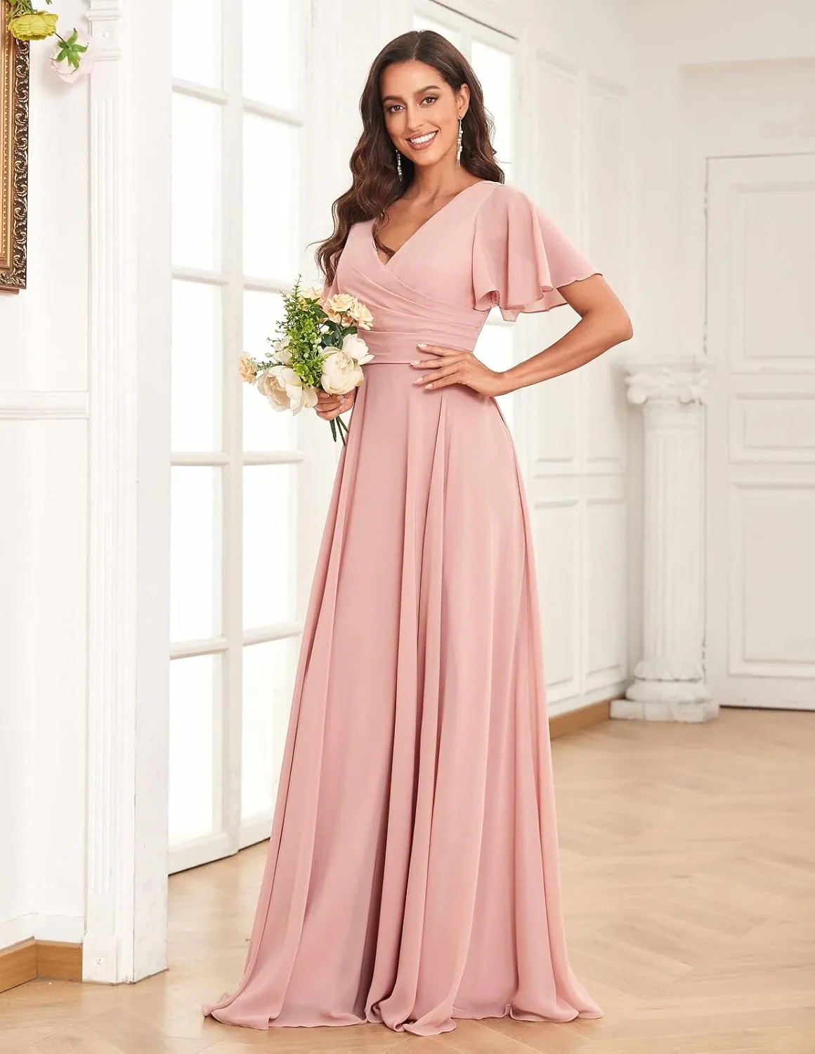 Women's Flutter Sleeves Bridesmaid Dresses V Neck A Line Chiffon Long Formal Dress with Slit