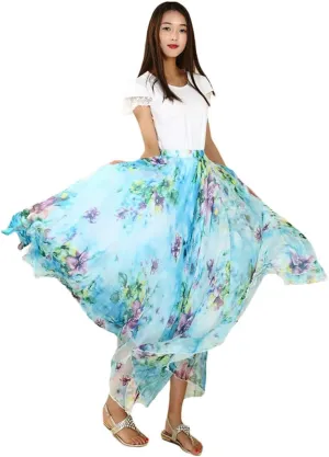 Women's High Waist Boho Floral Maxi Skirt Casual Flowy Swing Pleated A Line Beach Long Skirts