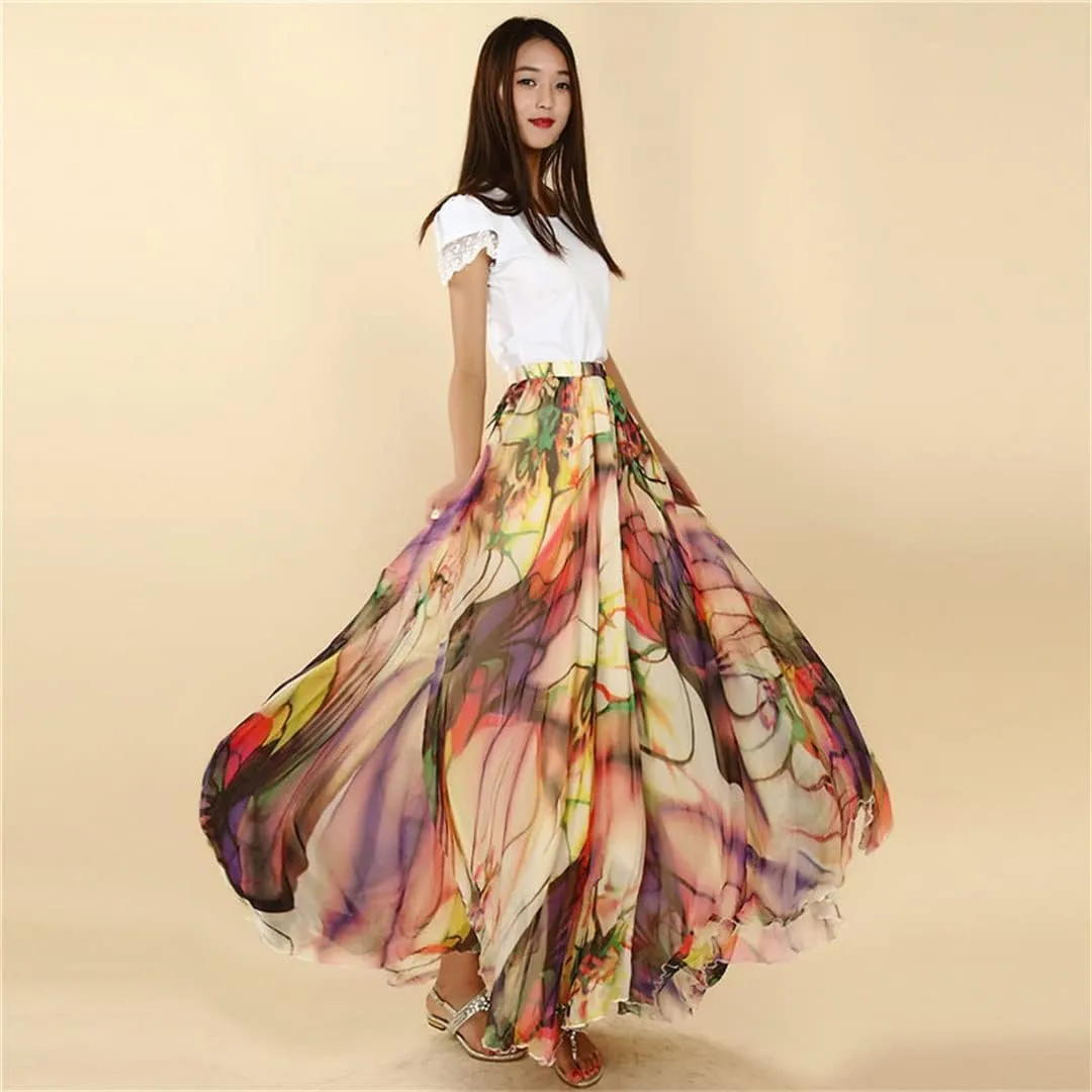 Women's High Waist Boho Floral Maxi Skirt Casual Flowy Swing Pleated A Line Beach Long Skirts