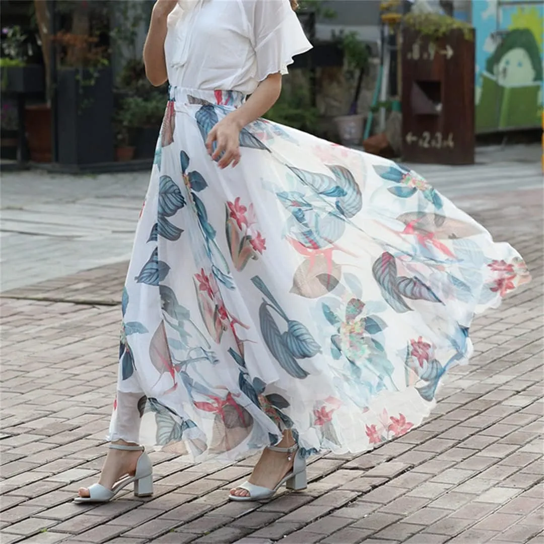 Women's High Waist Boho Floral Maxi Skirt Casual Flowy Swing Pleated A Line Beach Long Skirts