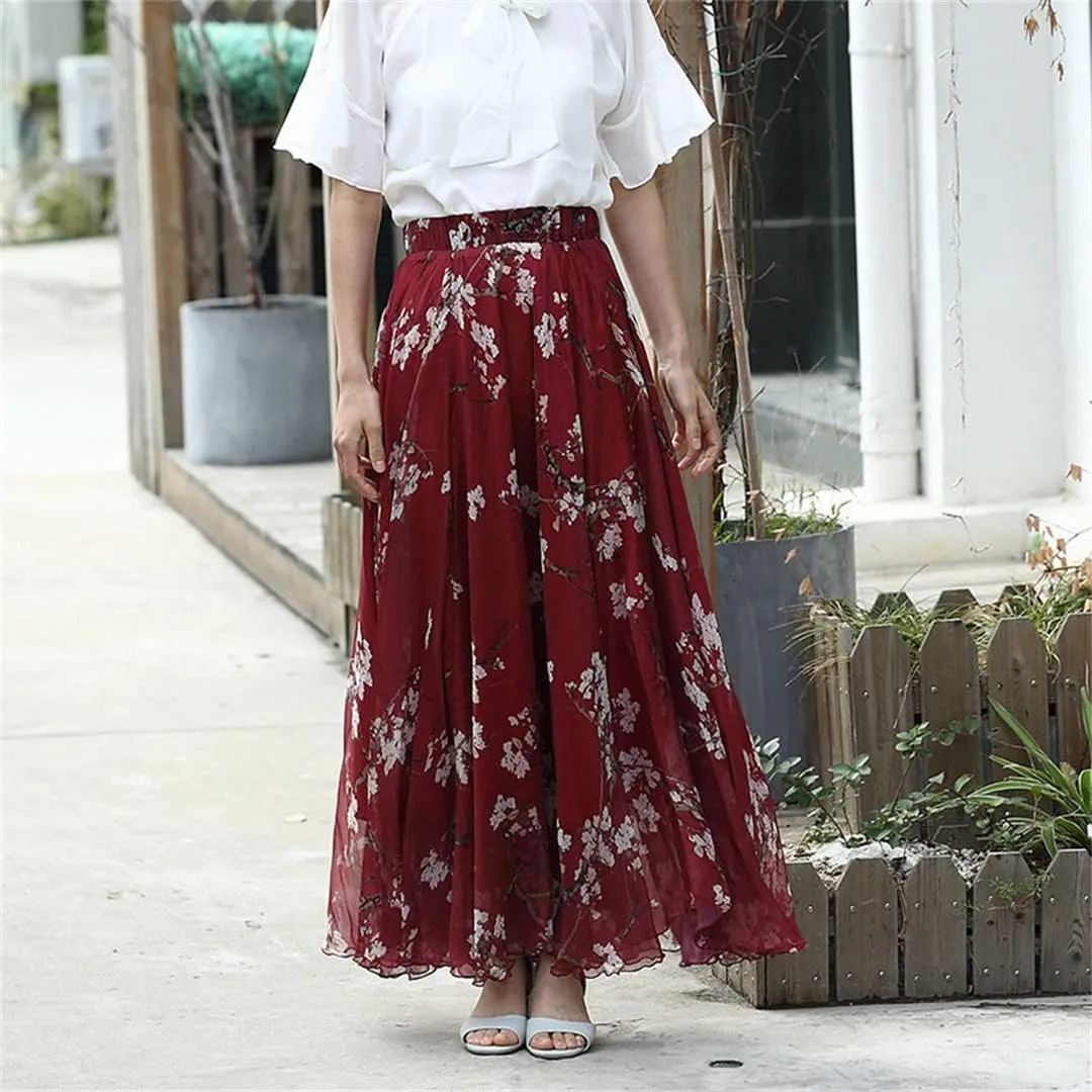 Women's High Waist Boho Floral Maxi Skirt Casual Flowy Swing Pleated A Line Beach Long Skirts