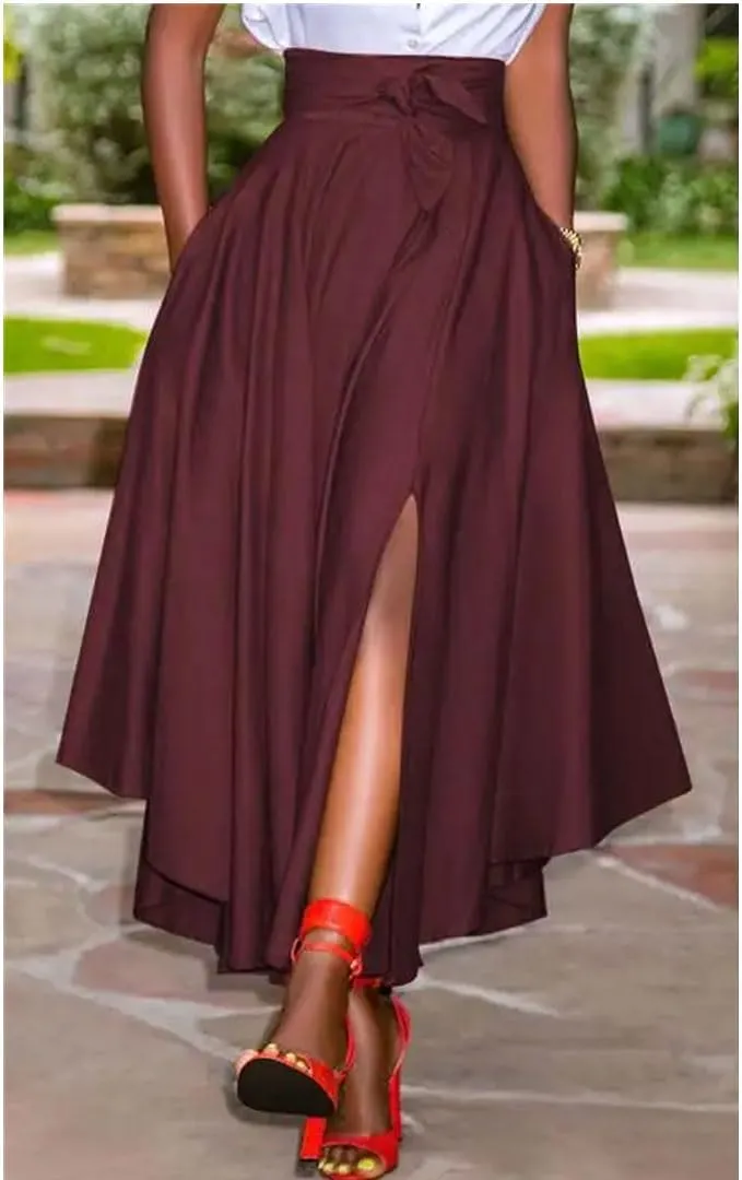 Women's High Waist Midi Skirt Casual Irregular High Waist Retro Zipper Pleated Beach Skirt