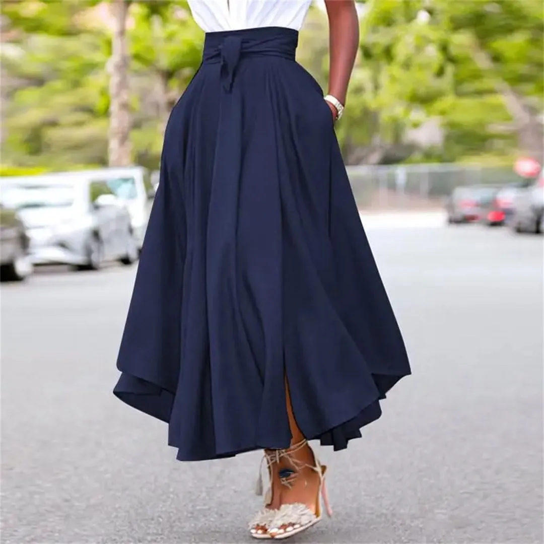 Women's High Waist Midi Skirt Casual Irregular High Waist Retro Zipper Pleated Beach Skirt