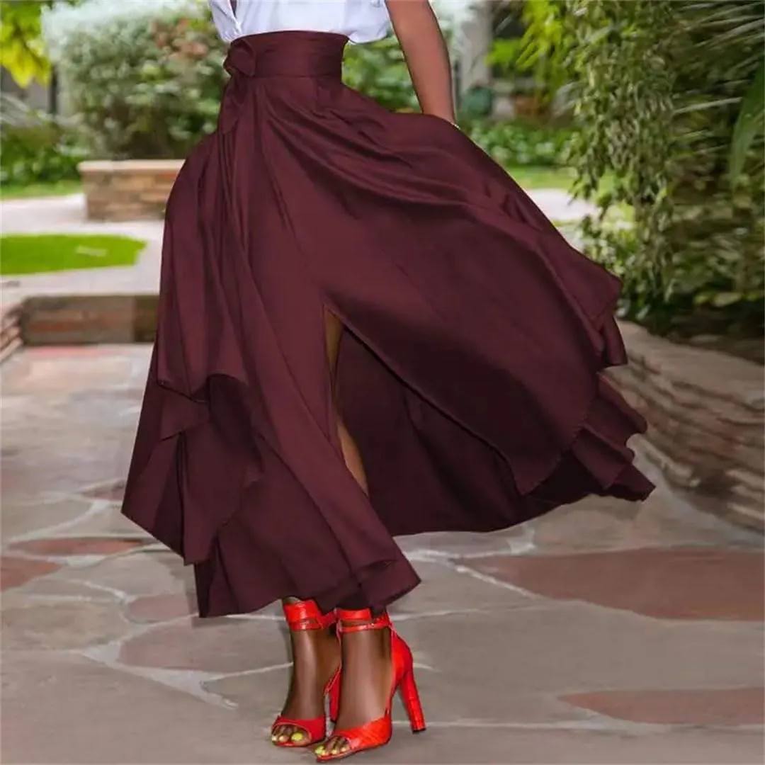 Women's High Waist Midi Skirt Casual Irregular High Waist Retro Zipper Pleated Beach Skirt