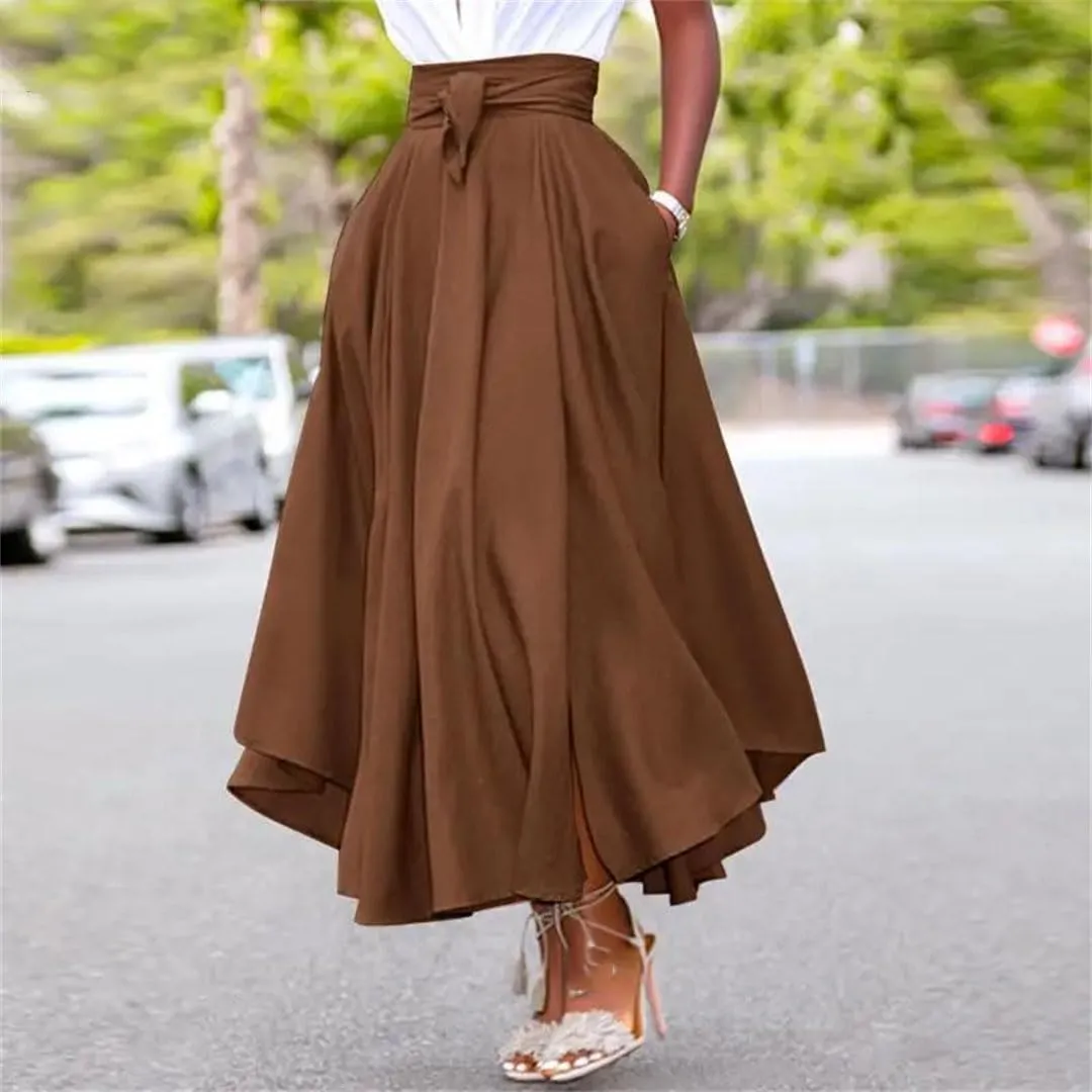 Women's High Waist Midi Skirt Casual Irregular High Waist Retro Zipper Pleated Beach Skirt