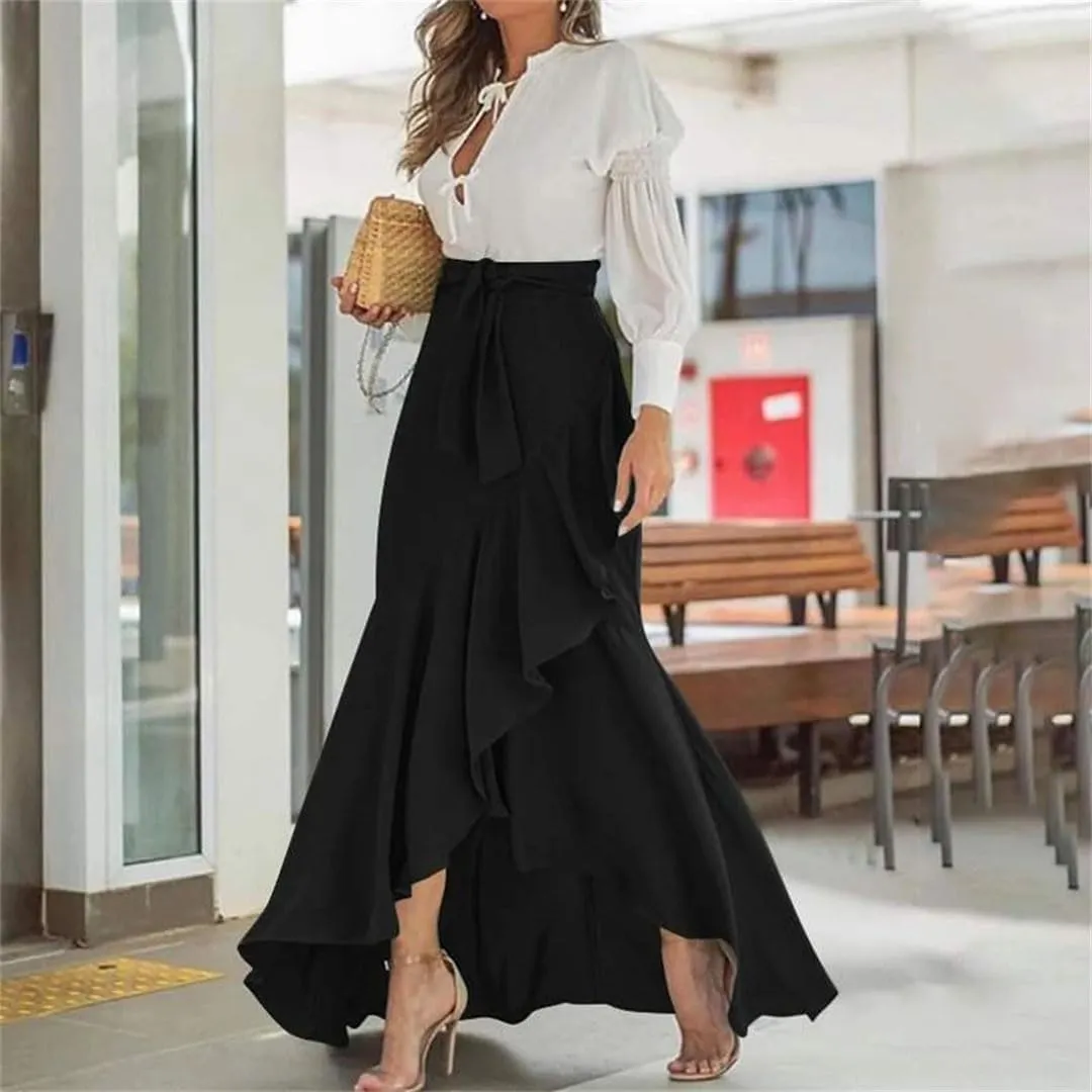 Women's High Waist Pleated Midi Skirt Irregular Hem Casual Skirt