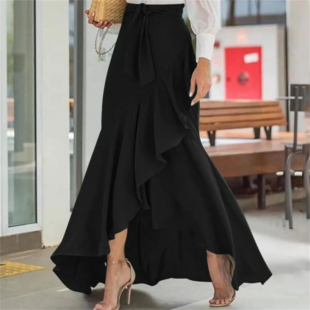 Women's High Waist Pleated Midi Skirt Irregular Hem Casual Skirt
