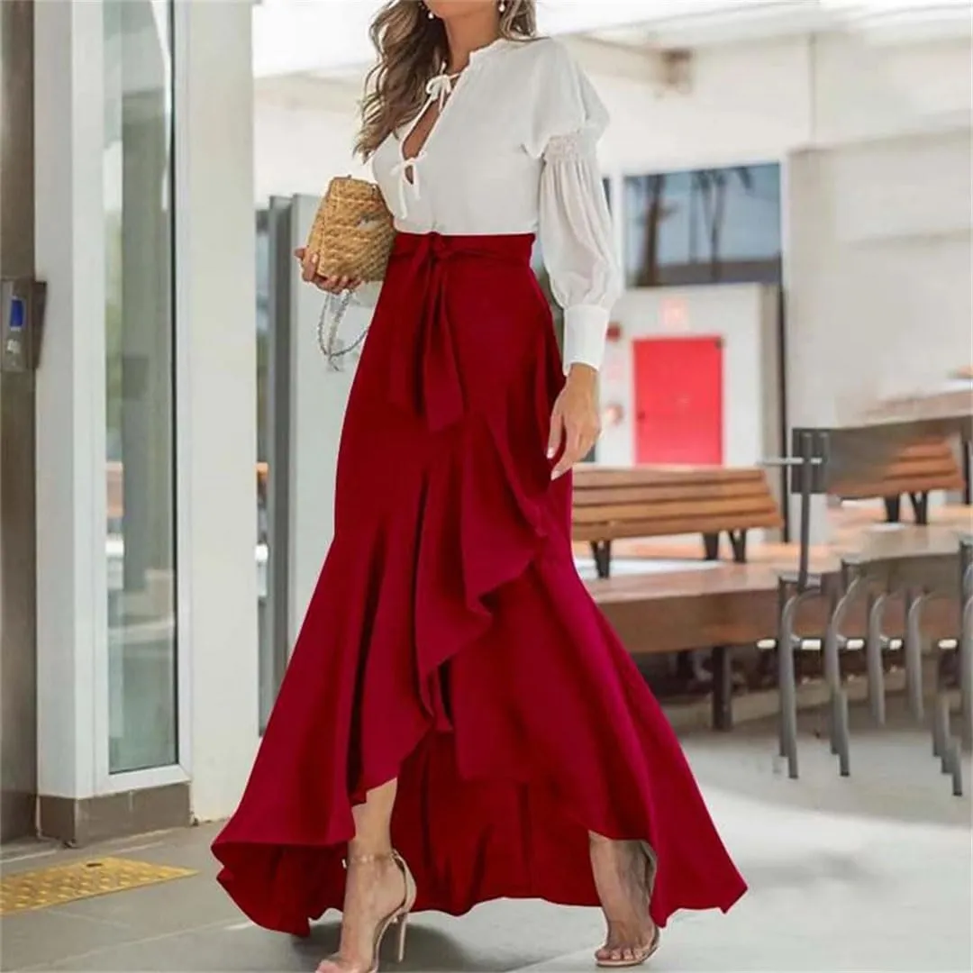 Women's High Waist Pleated Midi Skirt Irregular Hem Casual Skirt