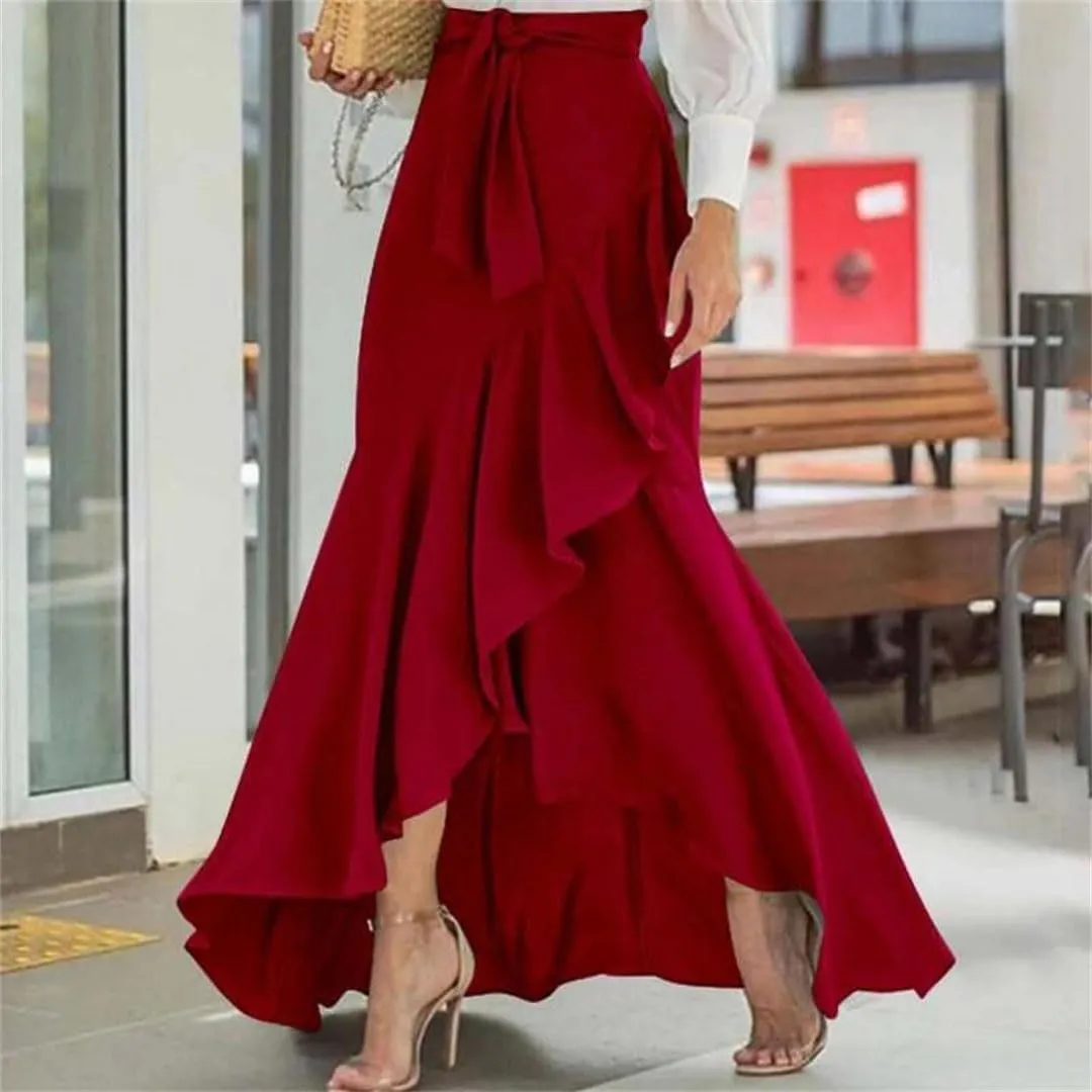 Women's High Waist Pleated Midi Skirt Irregular Hem Casual Skirt