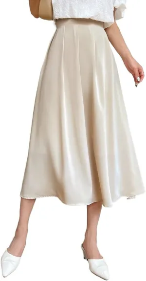 Womens High Waist Pleated Midi Skirt Loose Flared Knee Length Skirts for Women