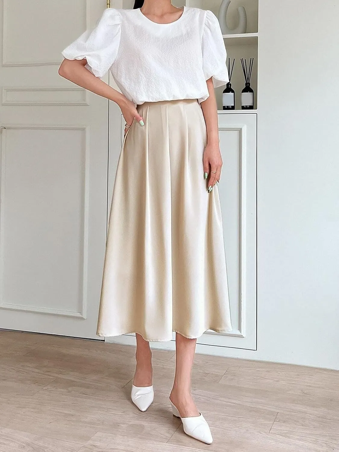 Womens High Waist Pleated Midi Skirt Loose Flared Knee Length Skirts for Women