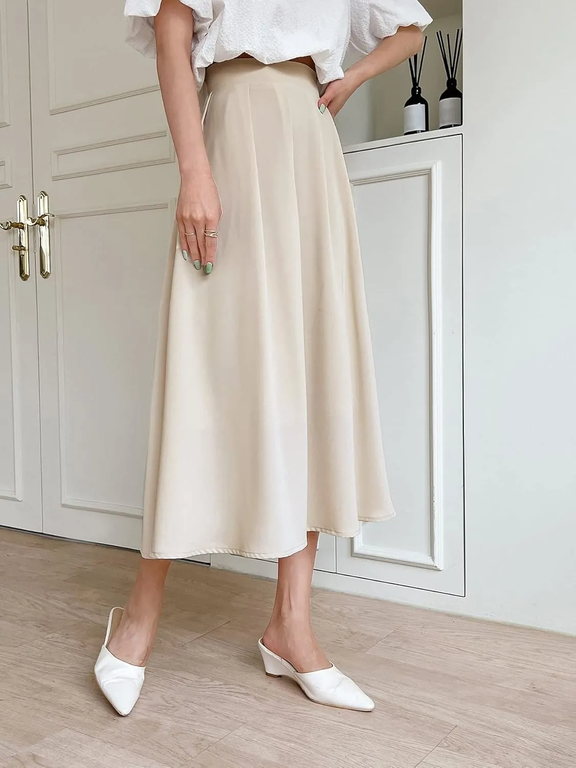 Womens High Waist Pleated Midi Skirt Loose Flared Knee Length Skirts for Women