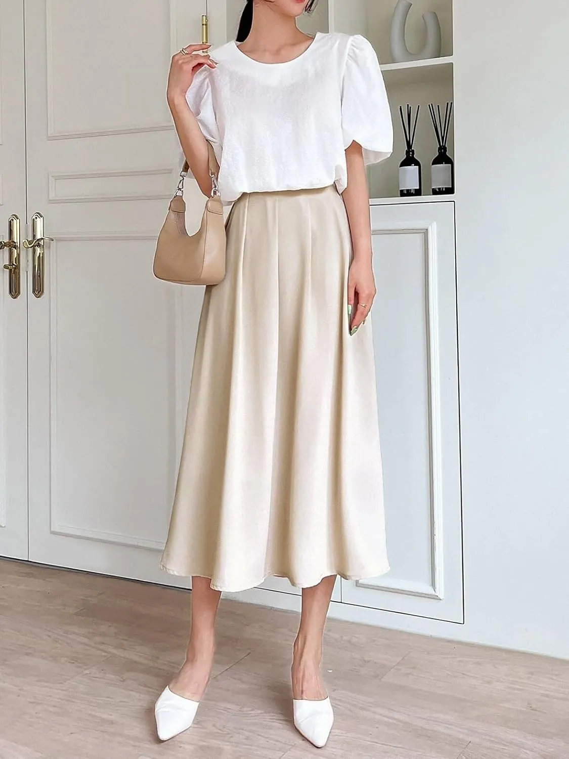 Womens High Waist Pleated Midi Skirt Loose Flared Knee Length Skirts for Women
