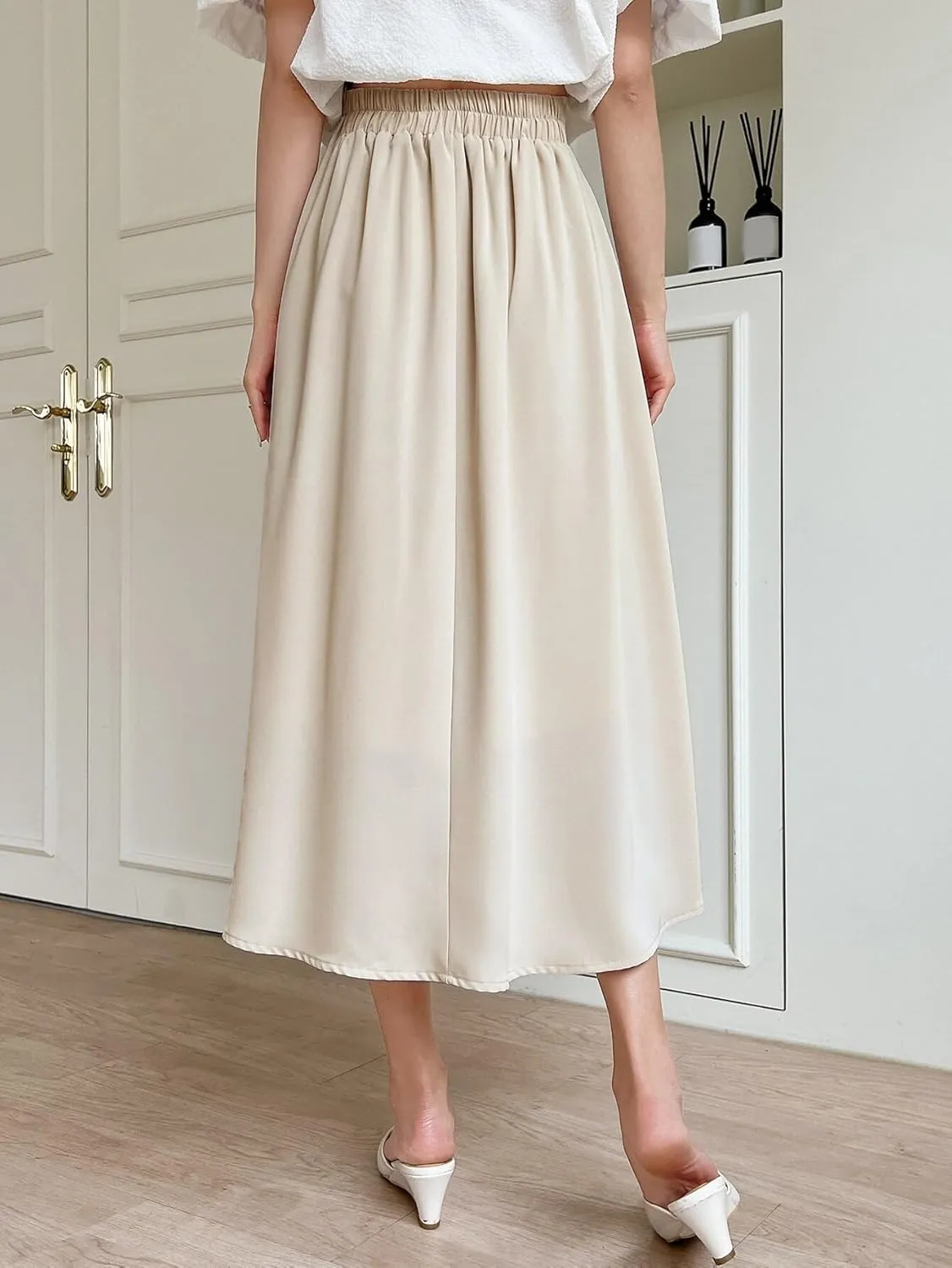 Womens High Waist Pleated Midi Skirt Loose Flared Knee Length Skirts for Women