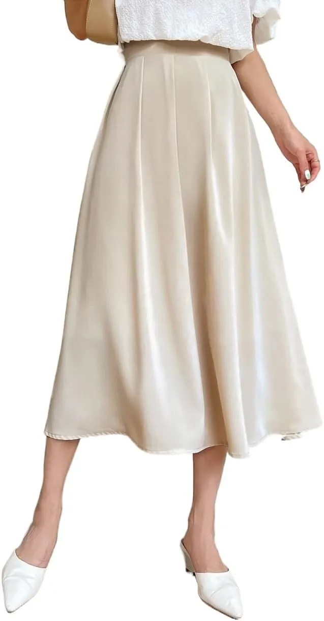 Womens High Waist Pleated Midi Skirt Loose Flared Knee Length Skirts for Women