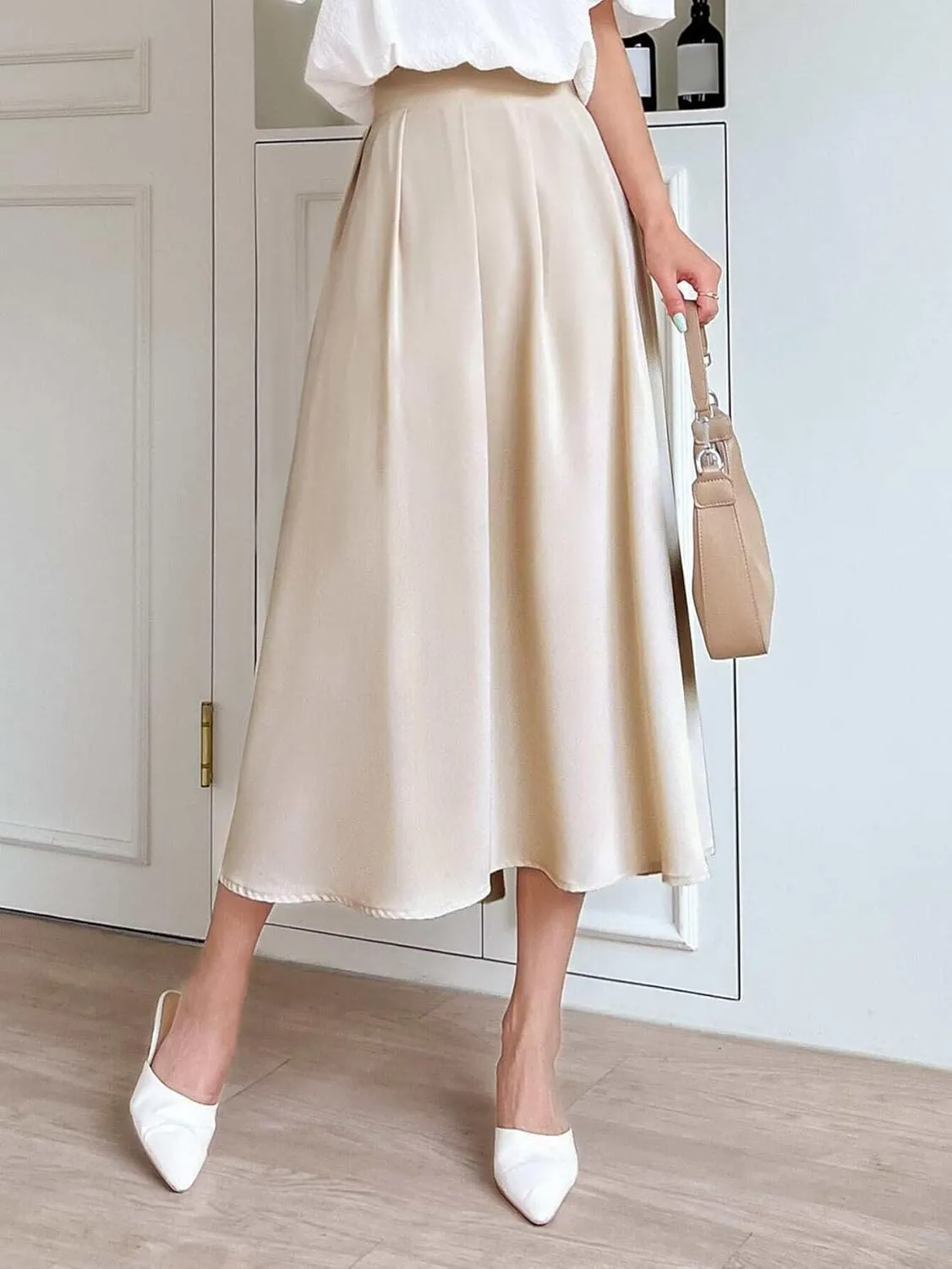 Womens High Waist Pleated Midi Skirt Loose Flared Knee Length Skirts for Women