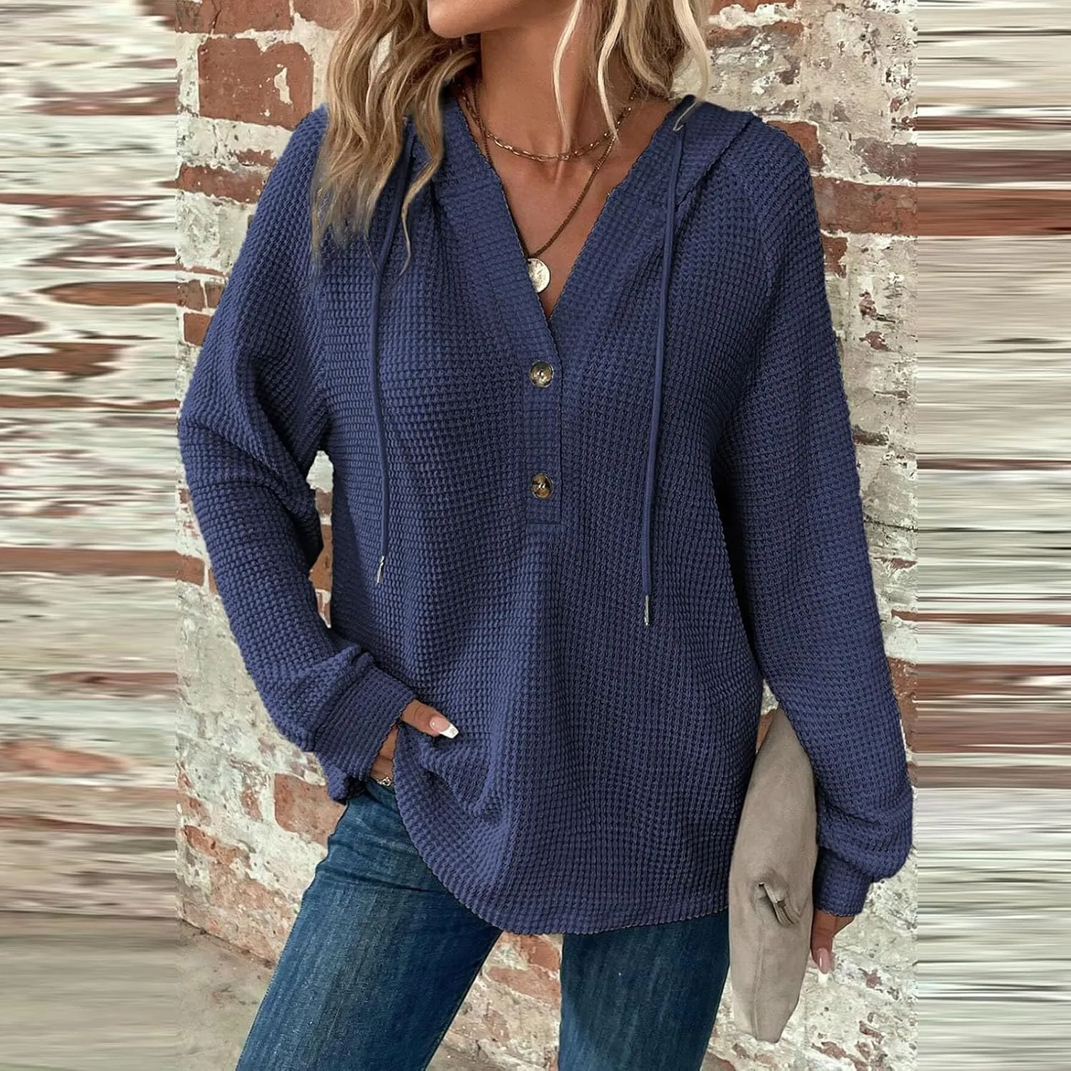 Womens Hoodies 2024 Fall Fashion Button V Neck Waffle Knit Tops Drawstring Hooded Oversized Sweatshirt with Pocket