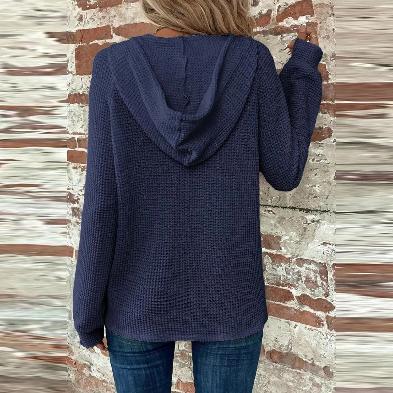 Womens Hoodies 2024 Fall Fashion Button V Neck Waffle Knit Tops Drawstring Hooded Oversized Sweatshirt with Pocket