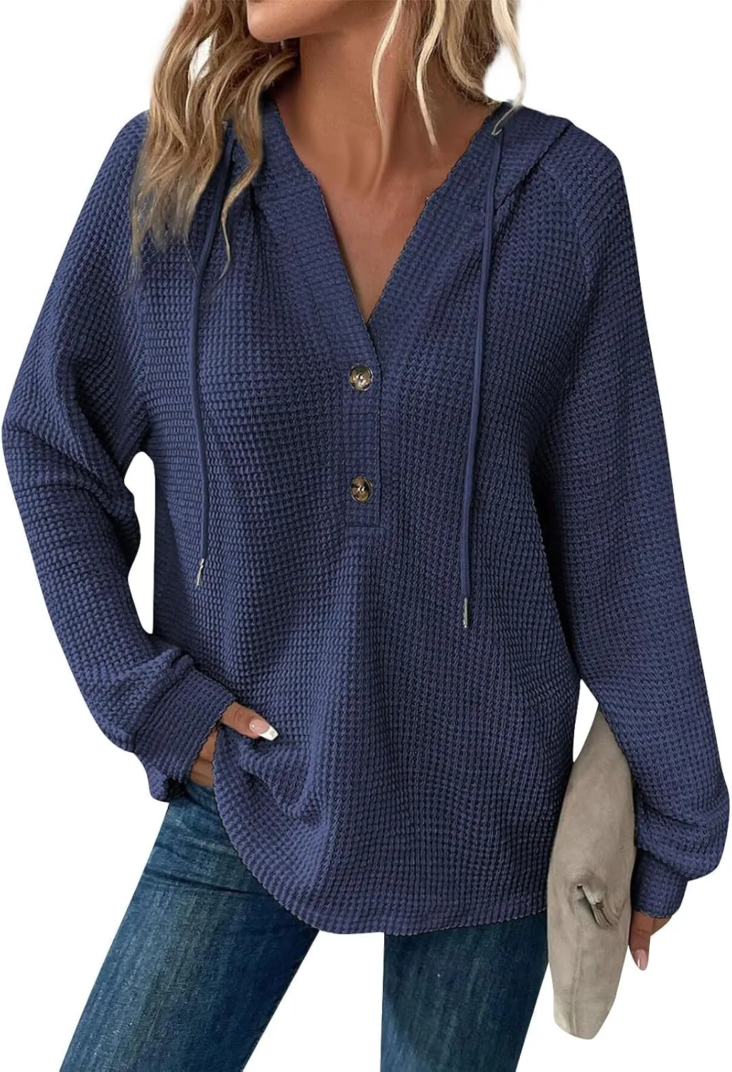 Womens Hoodies 2024 Fall Fashion Button V Neck Waffle Knit Tops Drawstring Hooded Oversized Sweatshirt with Pocket