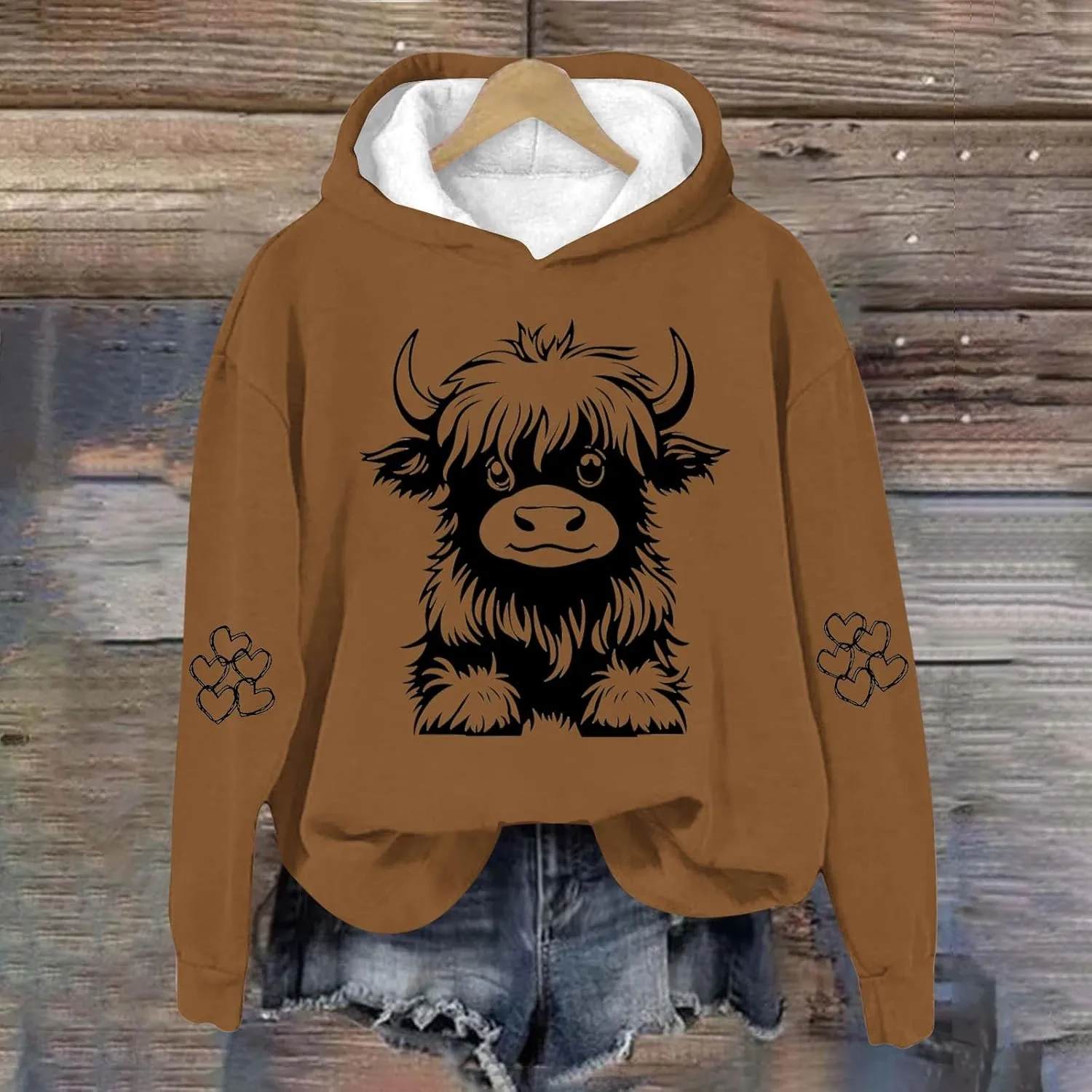 Women's Hoodies Cute Cow Graphic Heart Print Long Sleeve Hooded Pullover Warm Fleece Lined Sweatshirts