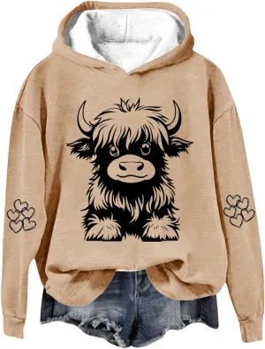 Women's Hoodies Cute Cow Graphic Heart Print Long Sleeve Hooded Pullover Warm Fleece Lined Sweatshirts